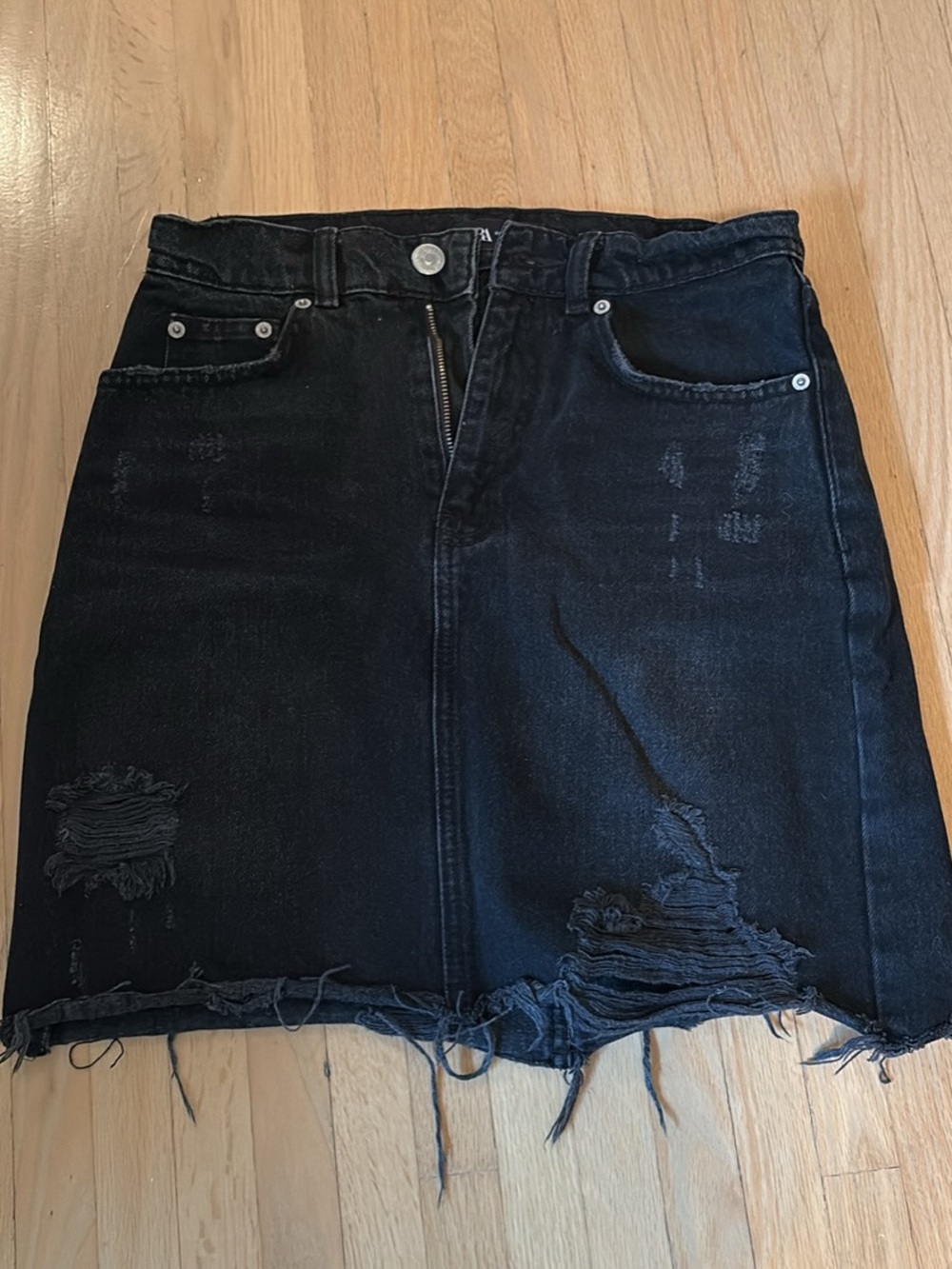 Zara black denim distressed mini skirt size small